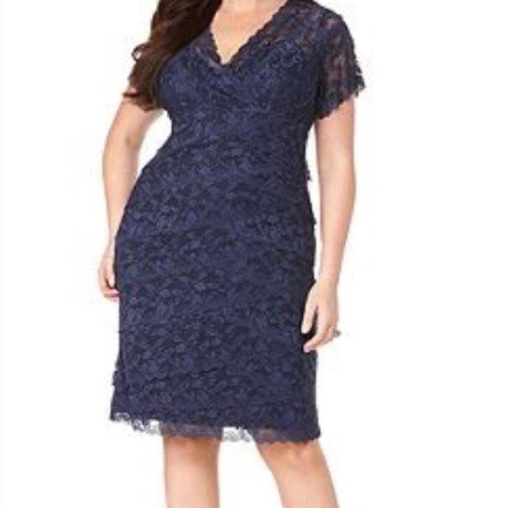 Marina Lace layered look dress worn one time to an event. Size 16. Navy Blue.